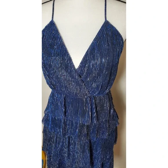 Lulus Blue Silver Metallic Party Mini Dress V Neck Ruffle  Spaghetti Strap large - Picture 3 of 14